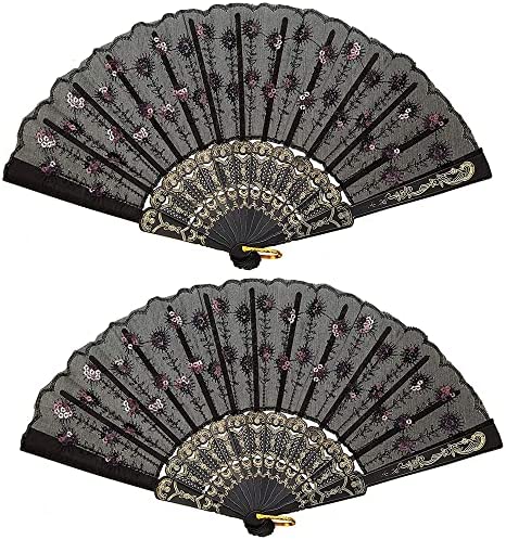 Winture 10 PCS Peacock Hand Fans, Spanish Folding Hand Fan, Flower Dancing Fans,Summer Handheld Folding Fans Party Favors for Girls Women (Embroidered Peacock Tail Pattern)