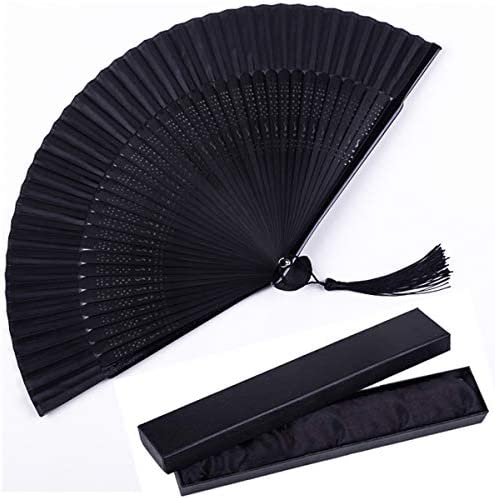 Silk Folding Fan, Bamboo Wood Hand Fan Japanese Vintage Retro Style Handmade Handheld Fan with a Fabric Sleeve and Tassels for Home Decoration Party Fathers Day Wedding Dancing Easter Summer Gift