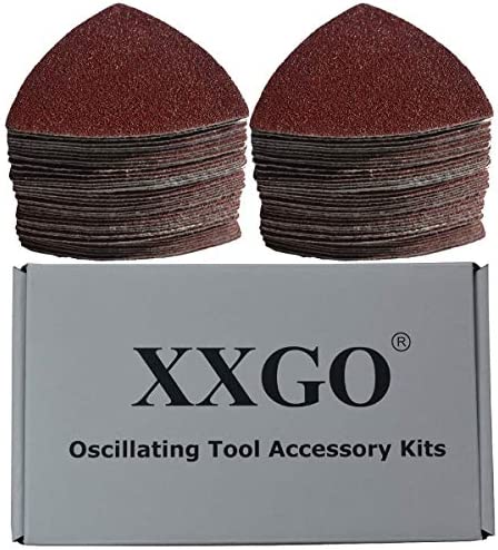 XXGO 100 Pcs 120 Grits 3-1/2 Inch 90mm Triangular Hook & Loop Multitool Sandpaper 우드 Sanding Fit 3.5 Oscillating 멀티 Tool Pad XG9020120