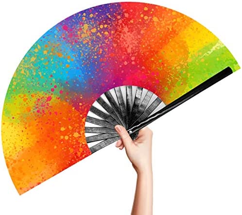 OMyTea Large Rave Clack Folding Hand Fan for Men/Women - Chinese Japanese Bamboo Handheld Fan - for EDM, Music Festival, Club, Event, Party, Dance, Performance, Decoration, Gift (Splash Watercolor)