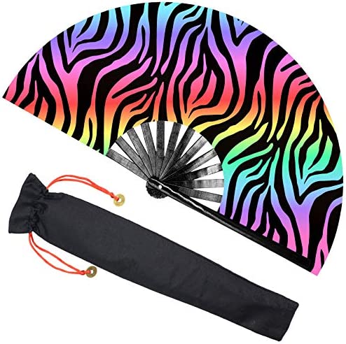 Zolee Large Rave 폴딩 Hand Fan Bamboo Ribs Men/Women - Chinese Japanese Handheld Fabric 케이스 Dance 뮤직 Festival Party Performance Decorations 선물 그린 Trippy Waves