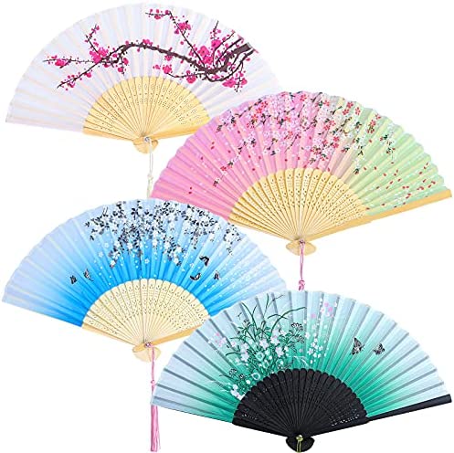 Aneco 4 Pieces 폴딩 Fans Bamboo Handheld Silk Fabric Hand Holding Wedding Party 선물 Wall Decoration
