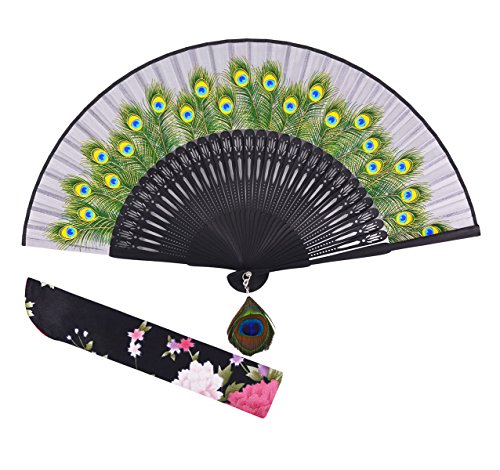 Amajiji 8.27" Peacock Chinease/Japanese Hand Held Silk 폴딩 Fan Bamboo FrameHollow Carve Patterns Frame 여성 Fans 선물 Craft Gray