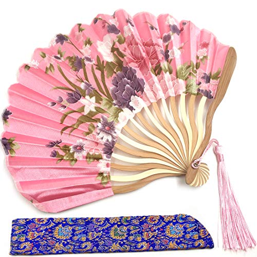 Silk Hand Fans Covering Curved Frame Tassel 폴딩 여성 소녀 Bamboo 케이스 Handhold Craft Fan Japanese Chinese 스타일 선물 Flower Pattern Handbag