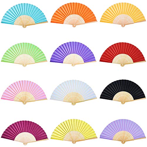 Wpxmer 12팩 Multicolor Handheld Folded Fan Bamboo 폴딩 Paper Hand Held Fans Wedding Party Home DIY Decoration