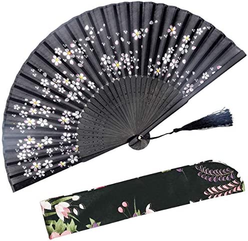 부채 OMyTea Hand Held Silk 폴딩 Fans Bamboo Frame - Fabric Sleeve Protection 선물 100% Handmade Oriental Chinese/Japanese Vintage Retro 스타일 WZS-45