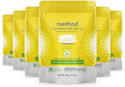 Method Dishwasher Detergent Packs, Dishwashing Rinse Aid to Lift Tough Grease and Stains, 45 Dishwasher Tabs per Package, Lemon Mint Scented, 1 Pack, Packaging May Vary