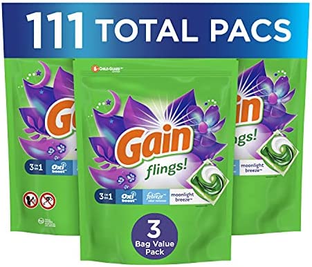 Gain Flings! 3-in-1 Laundry Detergent Soap Pods, Moonlight Breeze Scent, 3 Bag Value Pack, 111 Count, HE Compatible