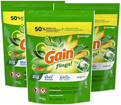 세탁세제 Gain flings Laundry Detergent Pacs Plus Aroma Boost Original Scent HE 호환가능 96 Count Packaging May Vary