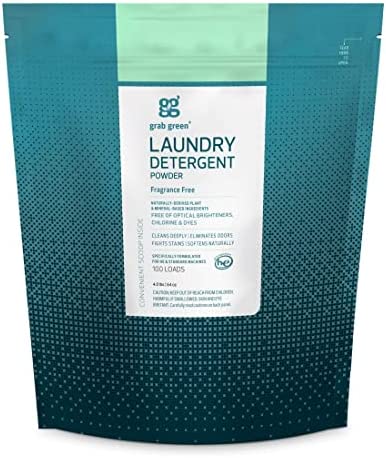 Grab Green 3-in-1 Laundry Detergent Powder, 4lbs -100 Loads, Fragrance Free, Plant and Mineral Based, Superior Cleaning Power, Stain Remover, Brightens Clothes