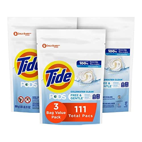 세탁세제 Tide PODS Free Gentle Laundry Detergent 96 Count Unscented 하이포알러제닉 Sensitive Skin 클리어 Dyes Perfumes HE 호환가능 Packaging May Vary