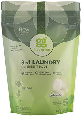 Grab Green 3-in-1 Laundry Detergent Pods, 60 Count, Fragrance Free, Plant and Mineral Based, Superior Cleaning Power, Stain Remover, Brightens Clothes