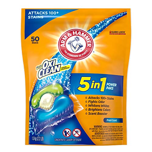 세탁세제 Arm & Hammer Plus OxiClean HE 5-in-1 Laundry Detergent Power Paks 50 Count Packaging may vary