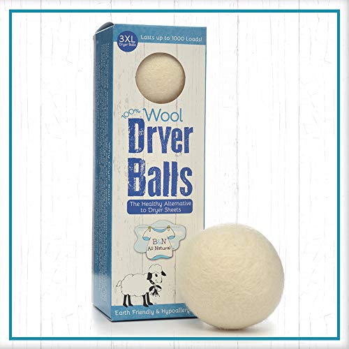 B&N All Natural at Home, Daisys Wool Dryer Balls for Sensitive Skin, High Moisture Absorbent, Static Reducing and Wrinkle Prevention, XL Pieces, White, 3 Count