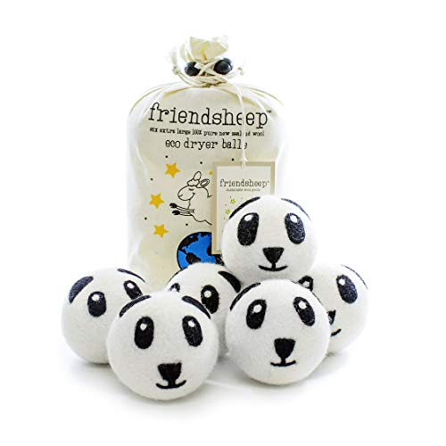 Friendsheep Wool Dryer Balls 6 Pack XL Organic Premium Reusable Cruelty Free Handmade Fair Trade No Lint Fabric Softener - Panda Pack