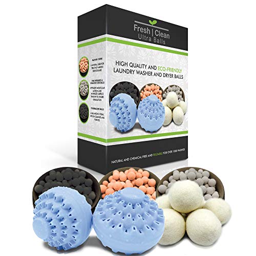 Fresh|Clean Ultra Laundry Balls. Eco-friendly, reusable, refillable washer balls (2) can be used for 1000 washes, while reusable wool dryer balls (6) can also be used for 1000 washes. Made of safe and natural minerals and safe for all washer and drye