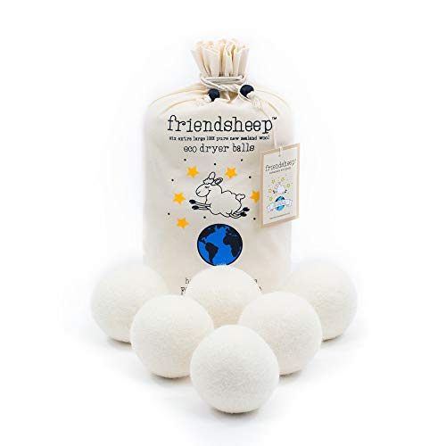 Wool Dryer Balls by Friendsheep 6 Pack XL Organic Premium Reusable Cruelty Free Handmade Fair Trade No Lint Fabric Softener White -Creamy White