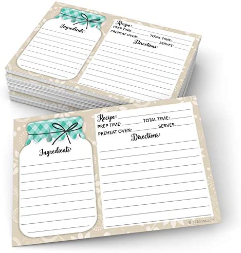 321Done Mason Jar Recipe Cards Small (Set of 50) 3 x 5 Double-Sided Premium - Made in USA - Rustic Teal and Tan Notes From for Wedding