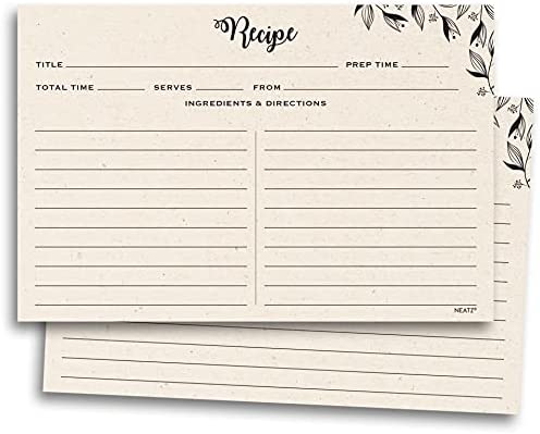 Neatz Spacious Recipe Cards 4x6u201D - 50 count, Double Sided. Thick Card Stock. Perfect for Recipe Box & Recipe Binder. Minimal Floral Kraft-Like Design