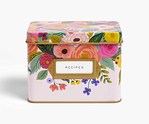 Rifle Paper Co. Juliet Rose Recipe Tin, Gold Metallic Interior, Gold-Framed Label On Front, Includes 24 recipe Cards and 12 Recipe Dividers, Bring Charm and Cheer Into Your Kitchen