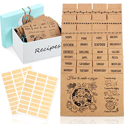 36 Pieces Recipe Cards Dividers with Tabs Include 24 Index Card Separators with Printed Cooking Tips 12 Blank Card and 60 Adhesive Labels Work with 4 x 6 Inch Cards Recipe Box Organize (Kraft color)