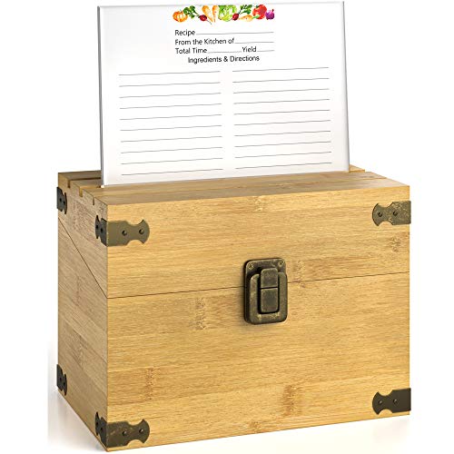 Zen Earth Premium Kitchen Recipe Box -Luxury Handcrafted Bamboo Wood Recipe Case With Card Holder Grooves -Great For 200+ 4x6 Recipe & Index Cards -50 Recipe Cards & 1 Clear Card Frame Included!