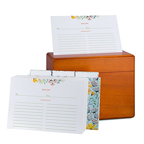 Recipe Box with 100 Recipe Cards - 4x6 Recipe Cards with Dividers - Floral Recipe Cards with Gold Border