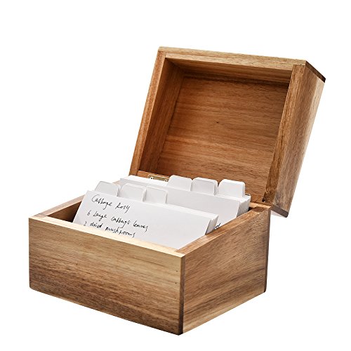 WELLAND Recipe Box with Card Divider Recipe Card Set, Acacia Wood