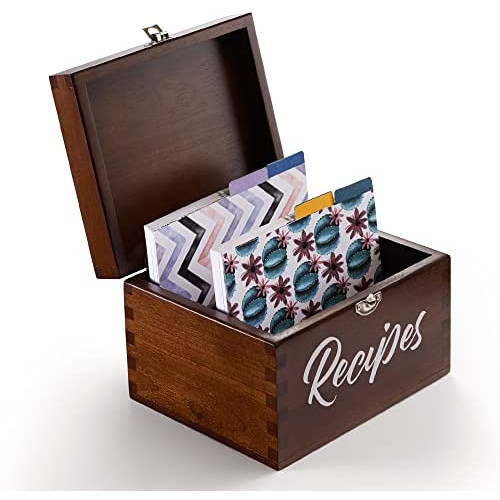 브라이덜 샤워 딸 결혼 선물 레시피 카드 100장 + 상자 세트 Wooden Recipe Card Box - 우드 100 4x6 Cards 8 Dividers Made Thick Stock. Perfect Organizer. walnut color