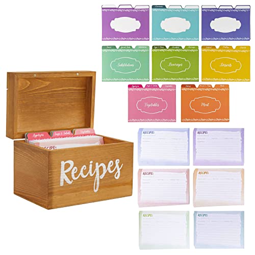 Juvale Wooden Recipe Box with 60 Blank 4x6 Cards and 24 Dividers with Tabs for Kitchen Organization (7 x 5 x 5 in)