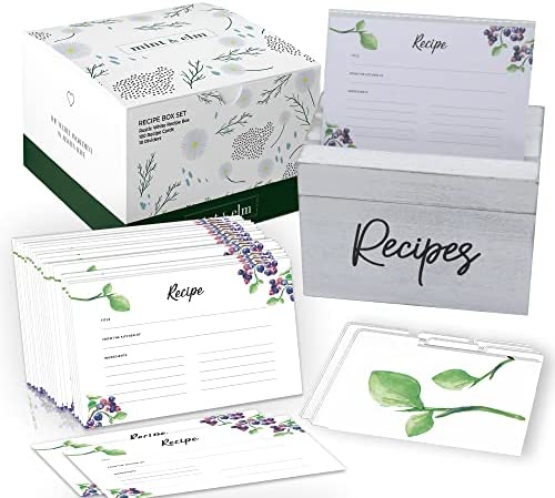 Mint & Elm Recipe Box with 100 Cards and 10 Dividers - Recipe Organizer Includes Plastic Holder for 4x6 Cards (Natural Bamboo)