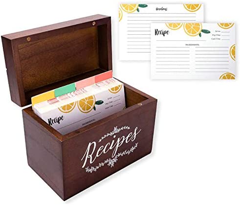 Outshine Brown Wooden Recipe Box with Cards and Dividers | Farmhouse Wood Recipe Card Box Organizer Set w/ 100 Fruit 4x6 Recipe Cards & 12 Recipe Card Dividers Plus a Conversion Chart