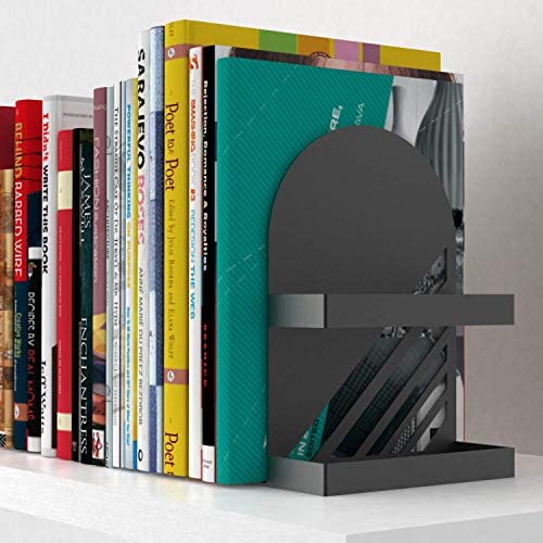 Neatly Made Iron Arch Decorative Bookends for Heavy Books, 200% Stronger & Heavier Than The Average Bookends, Large Iron Steel Black Heavy Duty Bookends with Matching Bonus Storage Cup