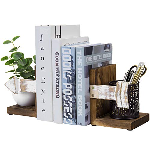 MyGift Rustic Burnt Wood Decorative Bookend, Office Desktop Book Support Stands with Whitewashed Arrow Design, 1-Pair