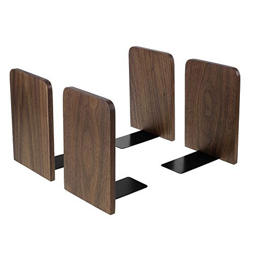 Book Ends, Bookends for Shelves, Metal Base Bookends to Hold Books Heavy Duty Wood Bookends for Heavy Books Office Desk DVD 6.69 X 4.7 X 4.1inch, 2Pair/4 Pieces (Black Walnut, Big Size)