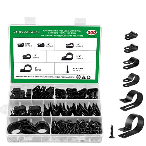 Cable Clips for Cable Management Cord Organizer, 6 Sizes 300 PCS Nylon R-Type, 3/16 1/4 3/8 1/2 3/4 1 Black Plastic Screw Mounting Cord Fastener Clamp Assortment Kit with M4 Screws
