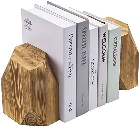 MyGift Rustic Burnt Solid Wood Geometric Style Bookends, Set of 2