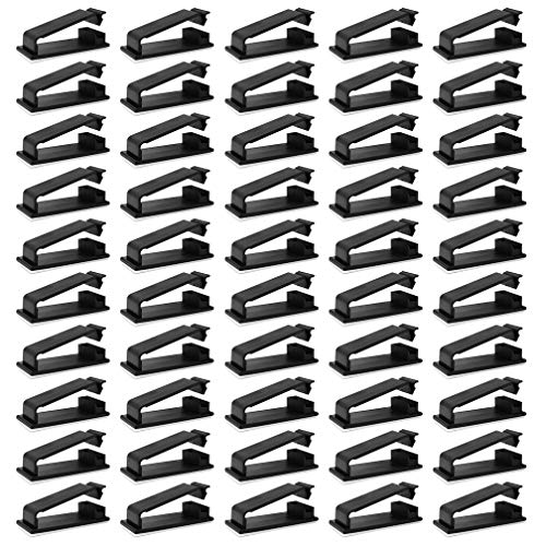 Viaky 50pcs Black Self Adhesive Managemen Cable Clips, Wire Organizers Clamps Cord Holder Clips for Outdoor, Home, Office, Car, Nightstand, Desktop PC TV
