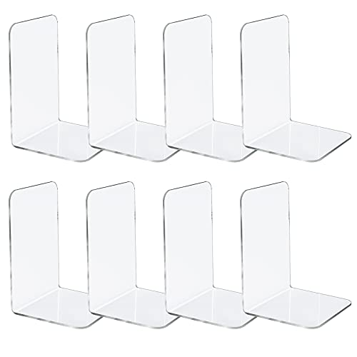 Jekkis 8pcs Clear Bookends Acrylic Book Ends for Shelves Heavy Duty Bookends Plastic Bookends for Home Office Library , Book Stopper, Desktop Organizer, 7.3u201D x 4.8u201D x 4.8u201D