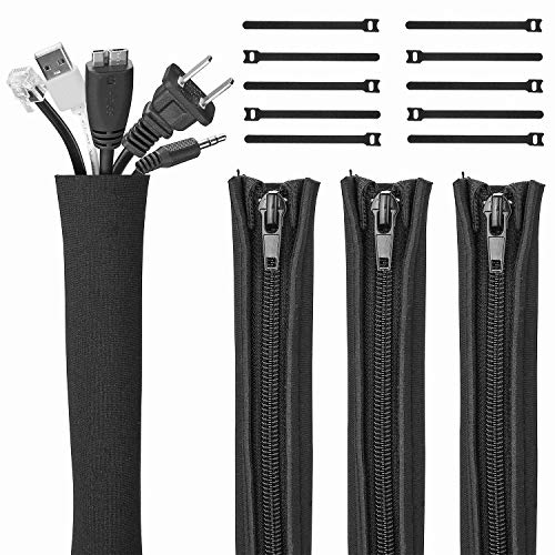 JOTO (4 Pack) Cable Management Sleeve with 10 Pieces Cable Tie, 20 inch Cord Organizer System with Zipper for TV/Computer/Home Entertainment, Flexible Cable Sleeve Wrap Cover -Black