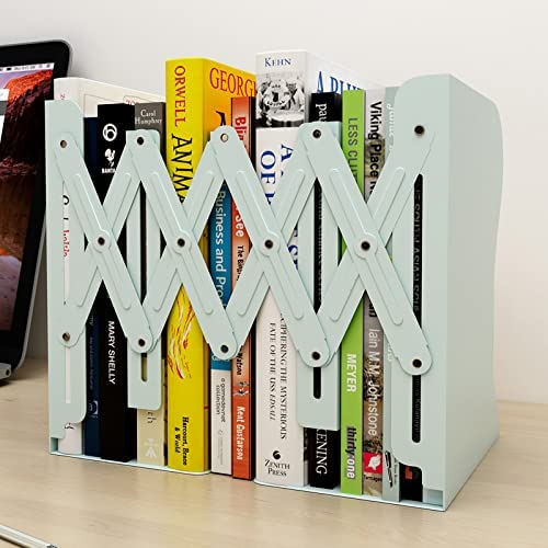 PUNCIA Desktop Adjustable Bookends Expandable Book Binder Holder Table Telescopic Bookshelf Metal Memo Bookcase Rack Shelf for Kid Child Student Office Book File Organizer Storage (Blue)