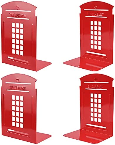 Book Ends, Metal Bookends, Heavy Duty Bookends for Shelves, Decorative Book Shelf Holder for Books, DVD, Video 7.8 x 5.5 x 3.9 inch Telephone Booth Blue (2 Pair/ 4 Pieces)