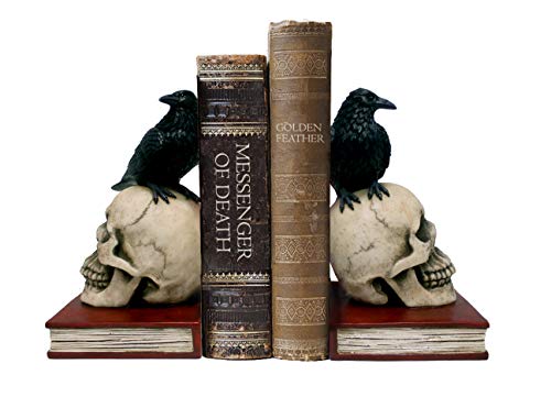 DWK - Murder and Mystery - Ravens on Skulls Bookends Gothic Poe Crow Reading Bookshelf Them for Your Library Home Décor Book Shelf Accent 8.5 Inches in Length