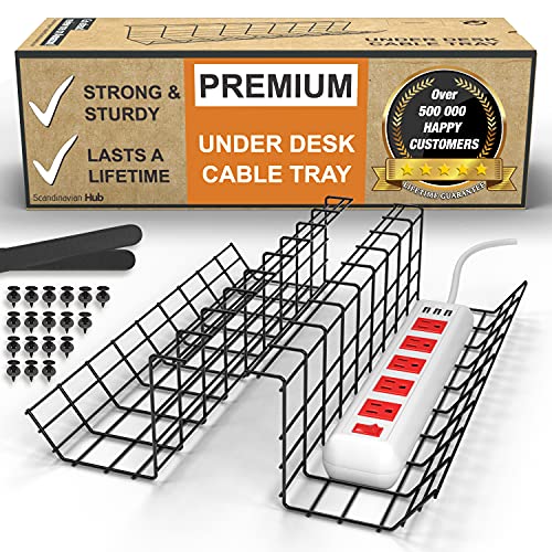 Under Desk Cable Management Tray - Under Desk Cable Organizers for Wire Management. Desk Cable Tray for Office and Home. Perfect Standing Desk Cable Management Rack (Black Wire Tray - Set of 2X 17)