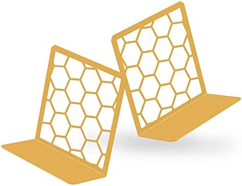 Premium Bookends Geometric Honeycomb Metal Book Ends (Yellow, 1 Pair) Book End for Shelvesu2026