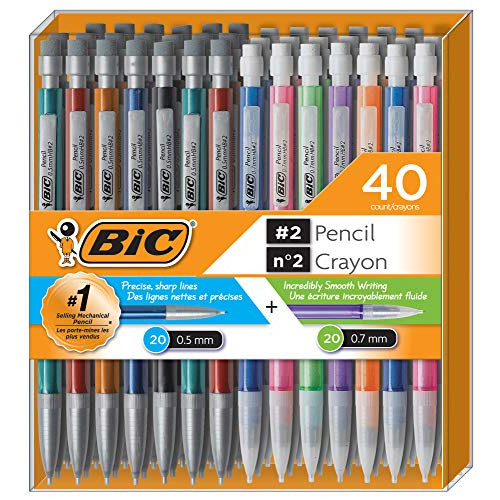 BIC Mechanical 기계식 펜슬 #2 EXTRA SMOOTH Variety Bulk팩 40 20 0.5mm 0.7mm Led Assorted Colored Barrels 프로페셔널 Office & School Use.