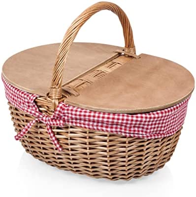PICNIC TIME - Country Vintage Picnic Basket with Lid - Wicker Picnic Basket for 2, (Navy Blue & White Stripe)