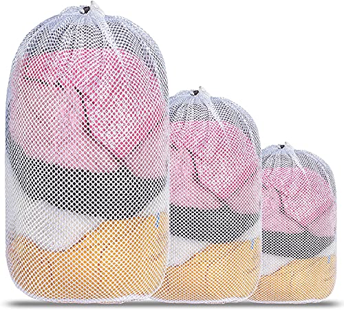 Drawstring Lingerie Laundry Wash bags Set for Delicates, Garments, Blouse, Sweaters, Bras, and Quilts, Set of 3, Include 3 different Type of size (Coarse hole)