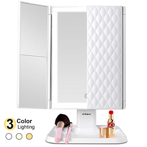 Makeup Mirror Vanity Mirror with Lights - 3 Color Lighting Modes 72 LEDs Trifold Mirror, Touch Control, 1x/2x/3x Magnification, Portable High Definition Cosmetic Lighted Up Mirror
