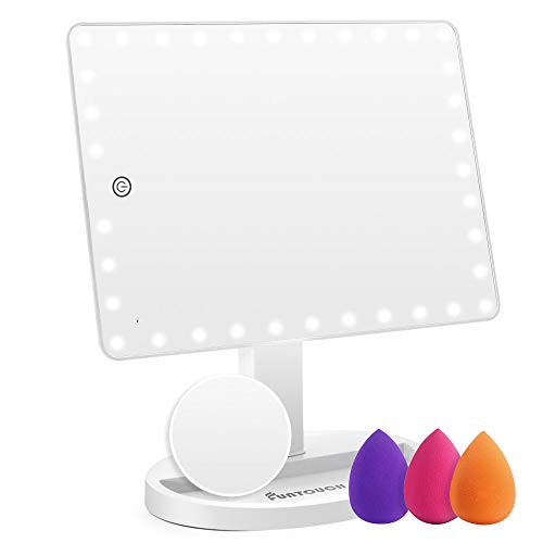 Large Lighted Vanity Makeup Mirror (X-Large Model), FUNTOUCH Light Up Mirror with 35 LED Lights, Touch Screen and 10X Magnification Mirror, 360° Rotation Tabletop Cosmetic Mirror (Black)